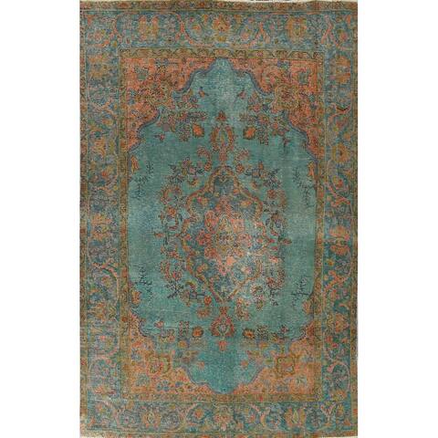 Distressed Over-dye Floral Tabriz Persian Wool Area Rug Hand-knotted - 6'4" x 9'5"
