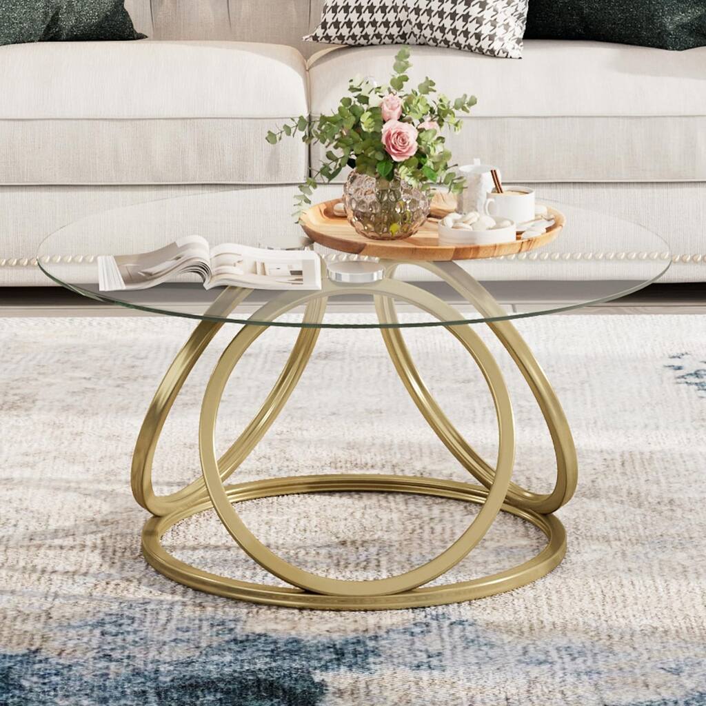 Gold Coffee Table, Modern Round Glass Coffee Table for Living Room with Ring-Shaped Frames, Gold Glass Table Gold Finish, 1PC