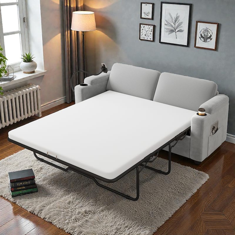 72.8" Corduroy Sleeper Sofa, Full Size Loveseat Bed with Mattress, USB Ports, Cup Holders, Side Pockets & Phone Holder