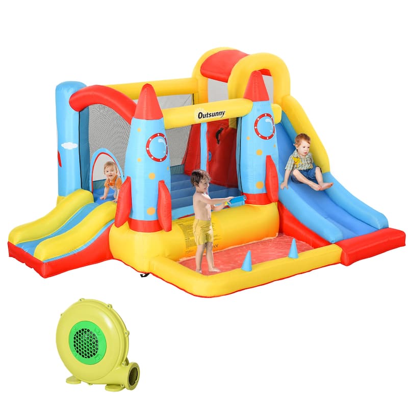 Outsunny Kids Inflatable Water Slide, 4-in-1 Bounce House Jumping Castle with 2 Slides, Climbing Wall, Water Pool Area - White