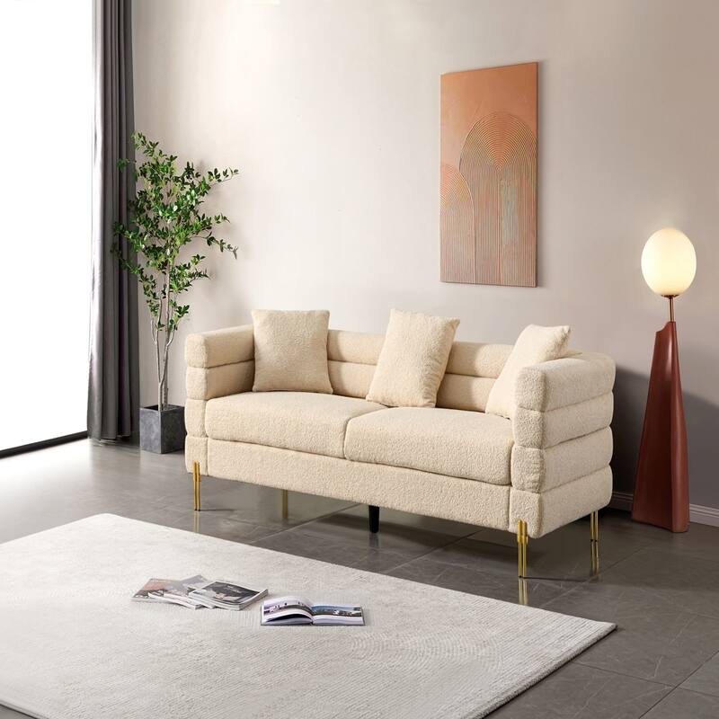 Velvet Upholstered Sofa,Gold Metal Legs,Pillows Included,Living Room - Beige