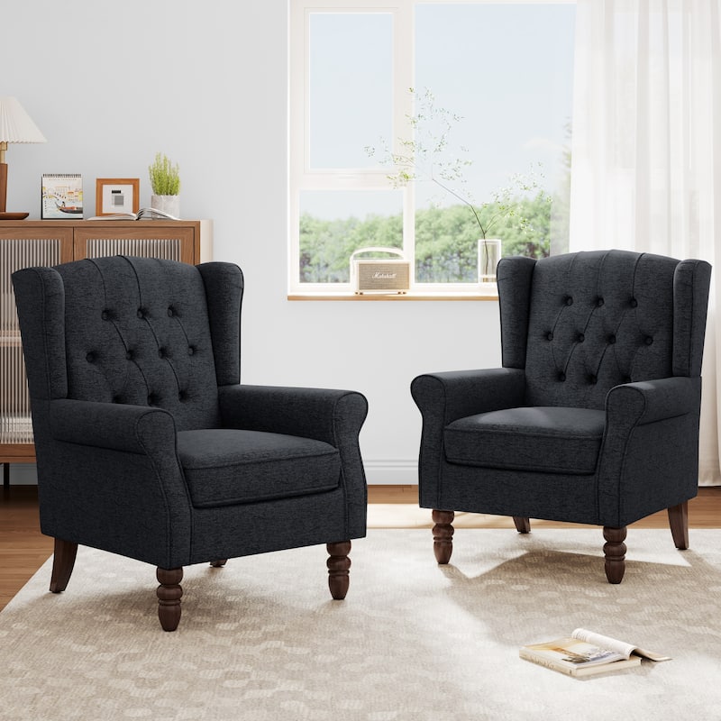 Button Tufted Armchair Wingback Wood legs Accent Chairs (Set of 2) - Black Blue-Chenille