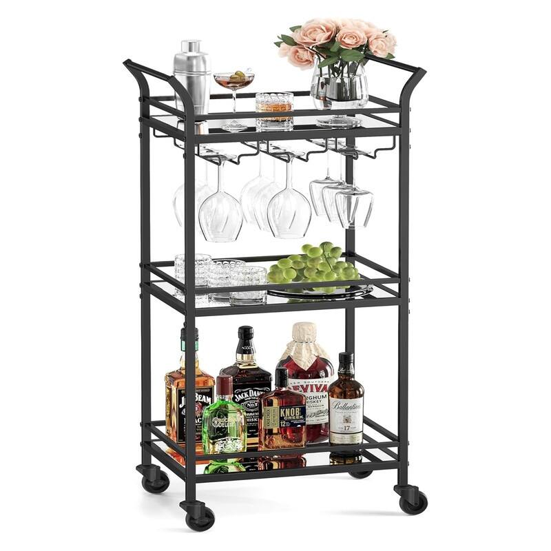 Home Bar Serving Cart, Small Bar Cart with 3-Tier Shelf