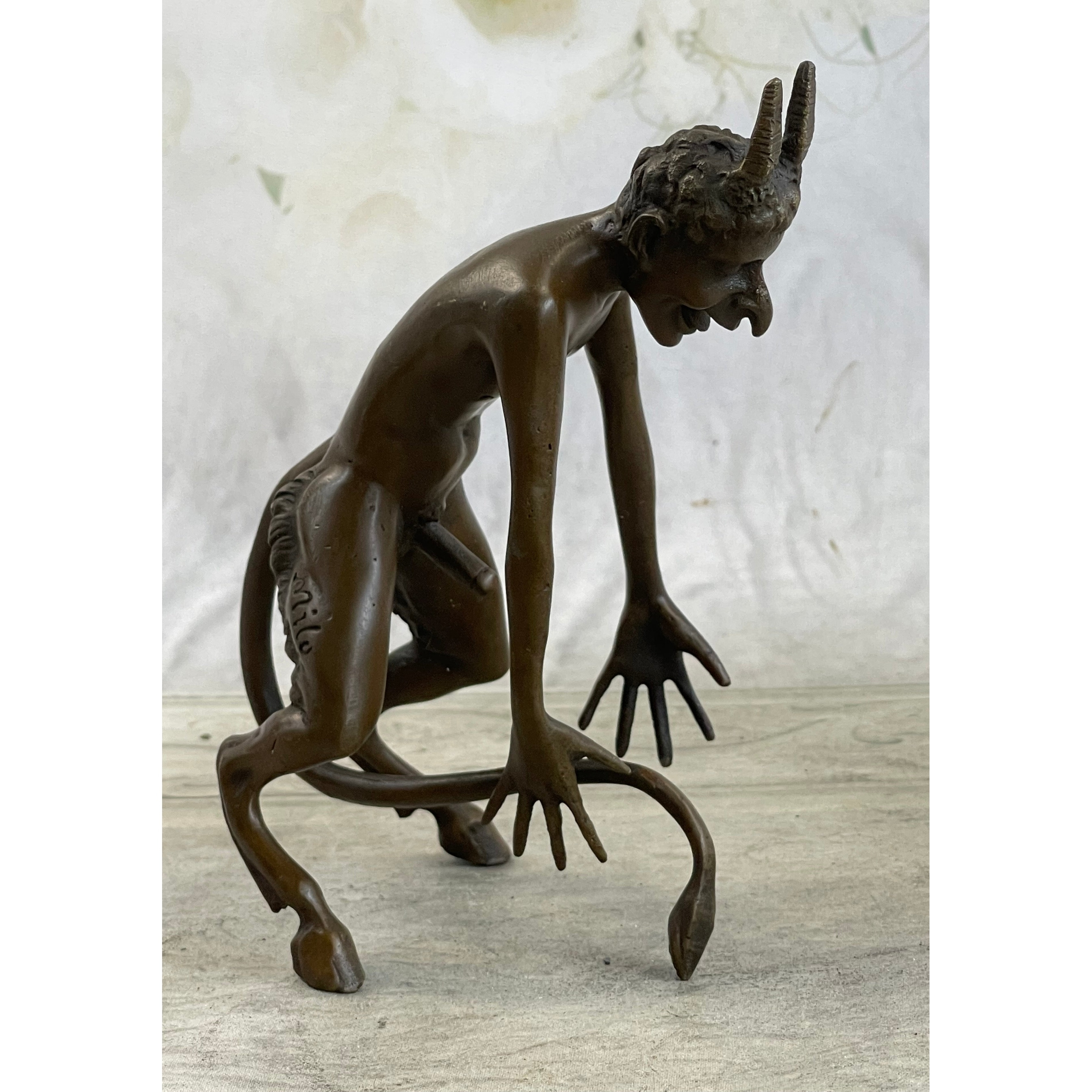 Horned Satyr Demon Devil W/ Erect Bronze Figure Figurine