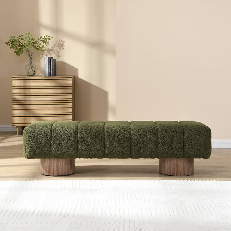 Green Boucle Upholstered Dining Bench Ottoman - No-Assembly End-of-Bed Footstool for Living Room