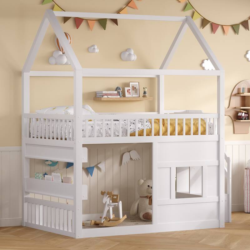 Full Size Wooden House Bed with Built-in LED Shelf Light, Fairytale Loft House-shaped Bed Frame for Children Kids Boys Girls