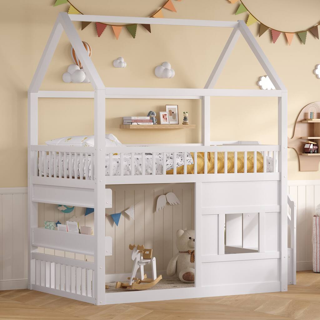 Roomfitters Full Size Wood House Loft Bed with Storage Stairs and Built-in Shelving, Modern Space-Saving Sleep Space