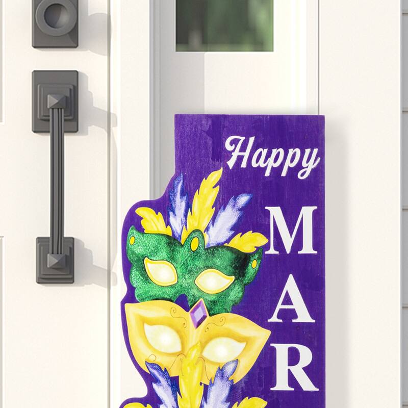 Glitzhome 41.75"H Mardi Gras Lighted Wooden Stacked Masks Porch Decor w/Timer