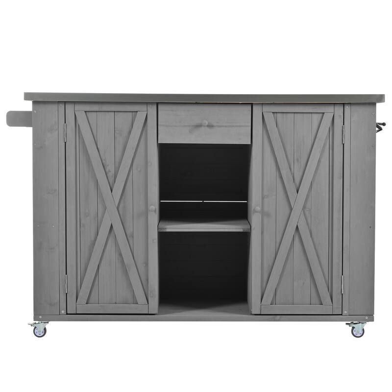 Outdoor Kitchen Island with Foldable Stainless Steel Top & Bottle Opener, Fir Wood Kitchen Island with Shelves and Towel Racks