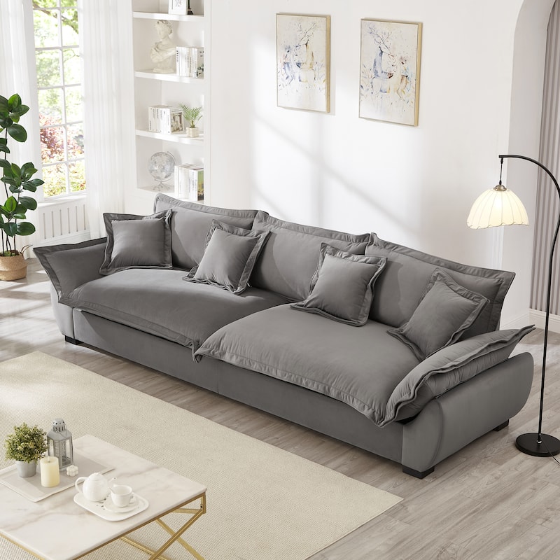 Modular Spacious Deep Seating Velvet Sofa with Storage, Removable Cushion Covers, Pillow Top Arms, Solid Wood Frame and Pillows - Grey