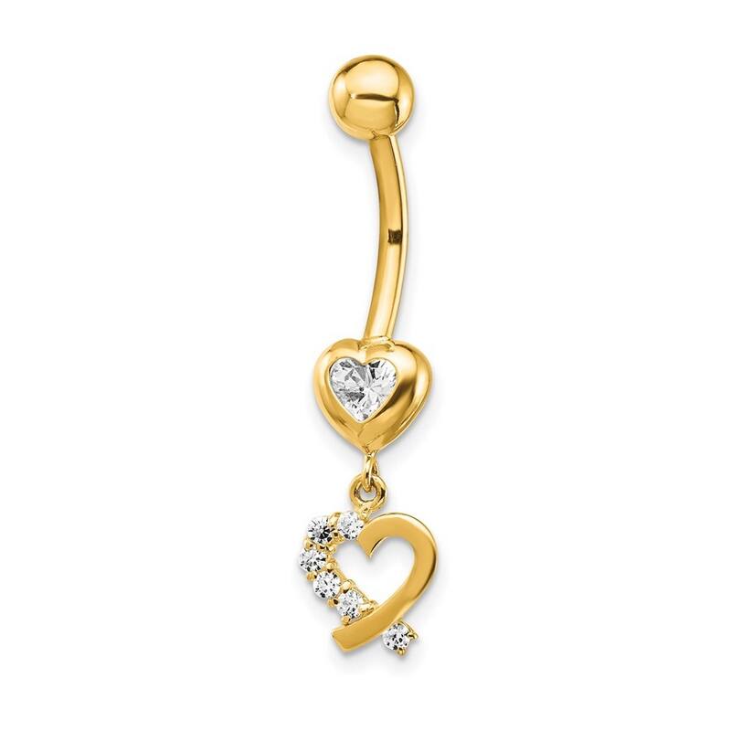 Curata Solid 14k Yellow Gold Cubic Zirconia 8mm 2-hearts Dangle Belly Ring (8mm x 32mm)