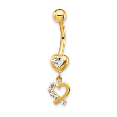 Curata Solid 14k Yellow Gold Cubic Zirconia 8mm 2-hearts Dangle Belly Ring (8mm x 32mm)