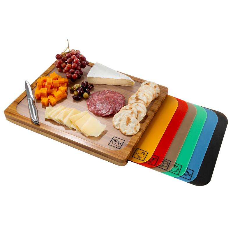 Seville Classics Bamboo Cutting Board and 7 Color-Coded Flexible Cutting Mats - Brown
