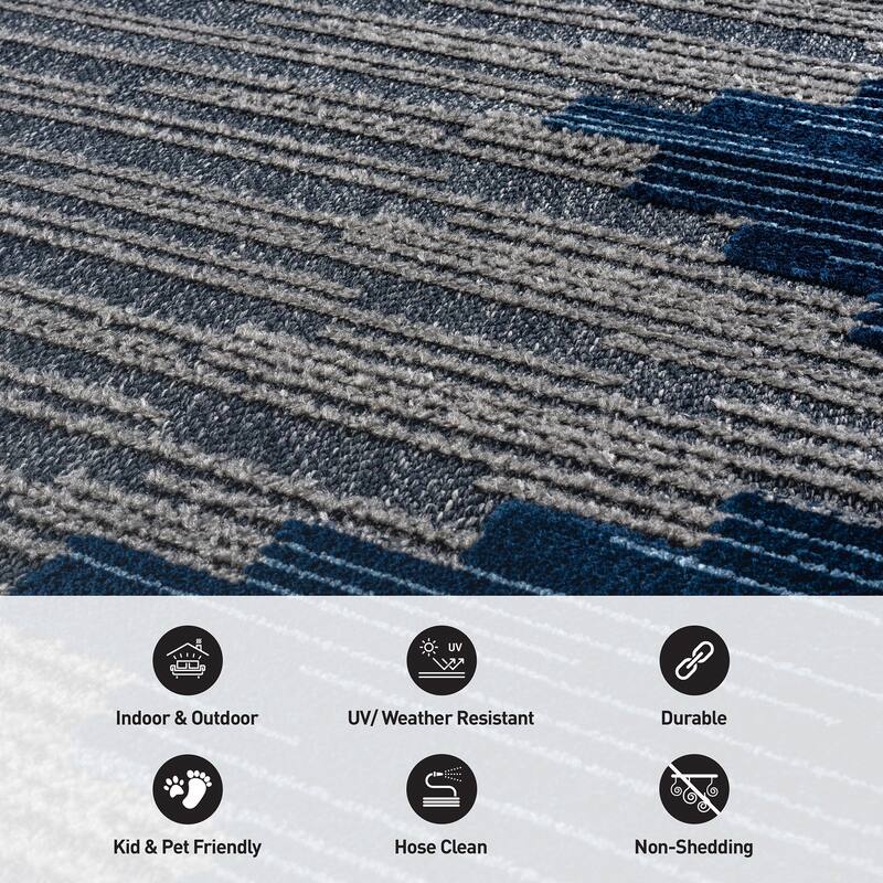 World Rug Gallery Indoor/Outdoor High-Low Textured Area Rug, Geometric Easy-Clean Patio Rug