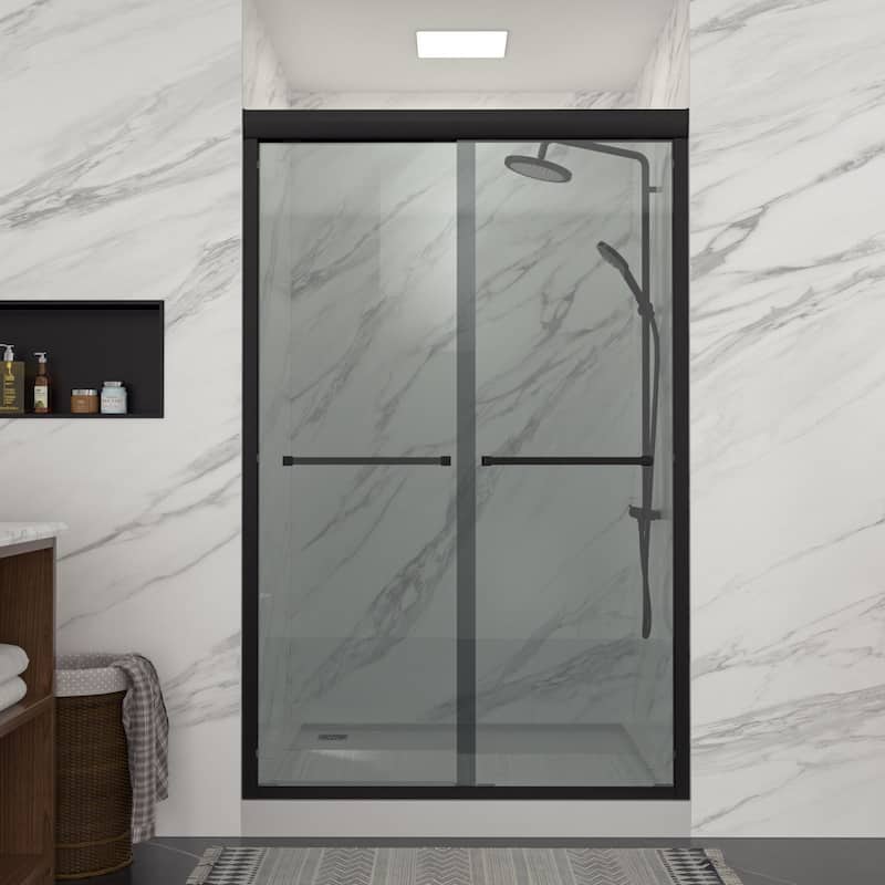 Lordear 48" x 76" Glass Shower Door Aluminum Frame Double Sliding Adjustable Shower Enclosure - 48 in.W x 76 in H. - Black - 48 in.W x 76 in  H.