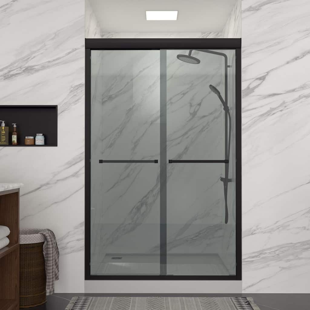 Lordear 48" x 76" Glass Shower Door Aluminum Frame Double Sliding Adjustable Shower Enclosure - 48 in.W x 76 in H.