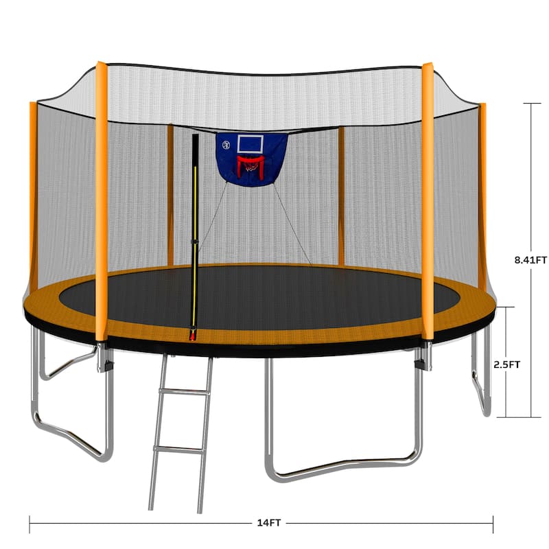 14FT Trampoline with Basketball Hoop Inflator and Ladder(Outer Safety Enclosure) Orange