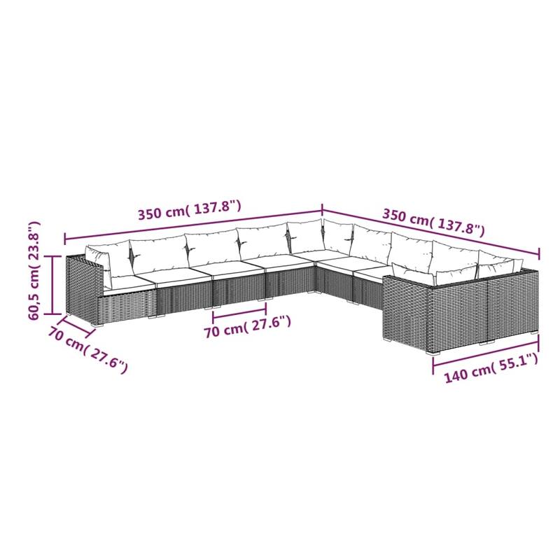 vidaXL Patio Lounge Set with Cushions Poly Rattan Brown - 27.6" x 27.6" x 24" - 27.6" x 27.6" x 24"