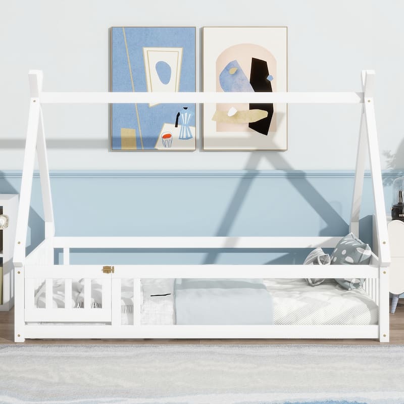 Twin Tent-shaped Floor Bed,Teepee Bed with Guardrails,Slats and Door - White