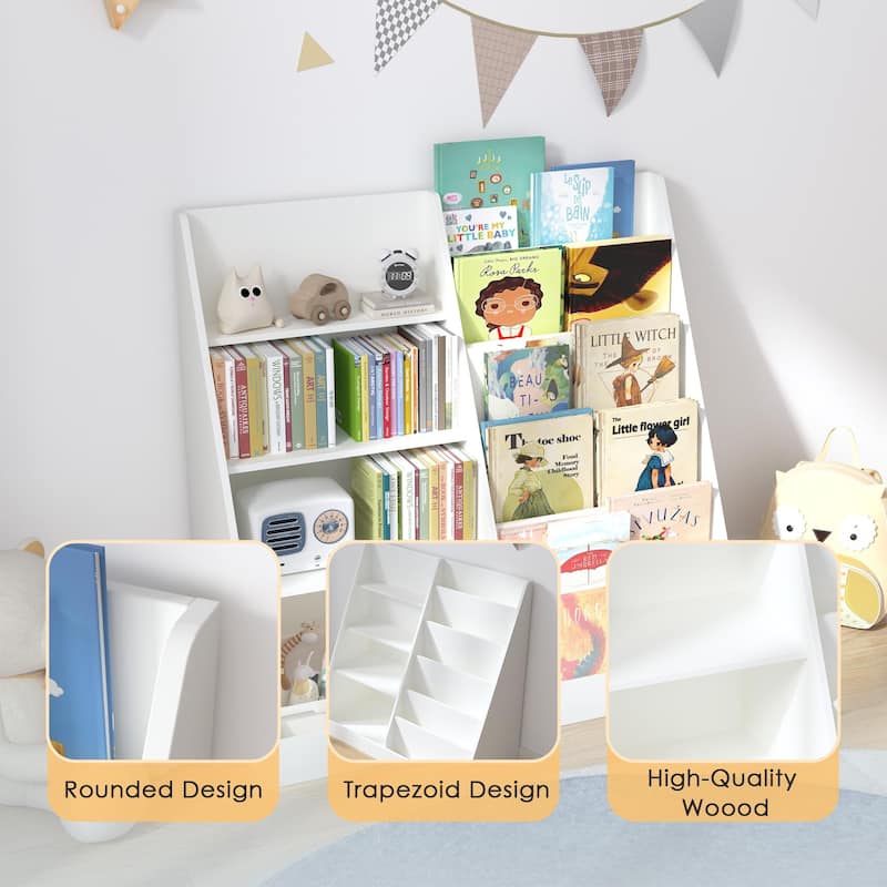 Kids Bookshelf and Toy Storage Organizer, Multifunctional 4 Tier Wooden Kids Book Shelf with Bookcase Display Stand
