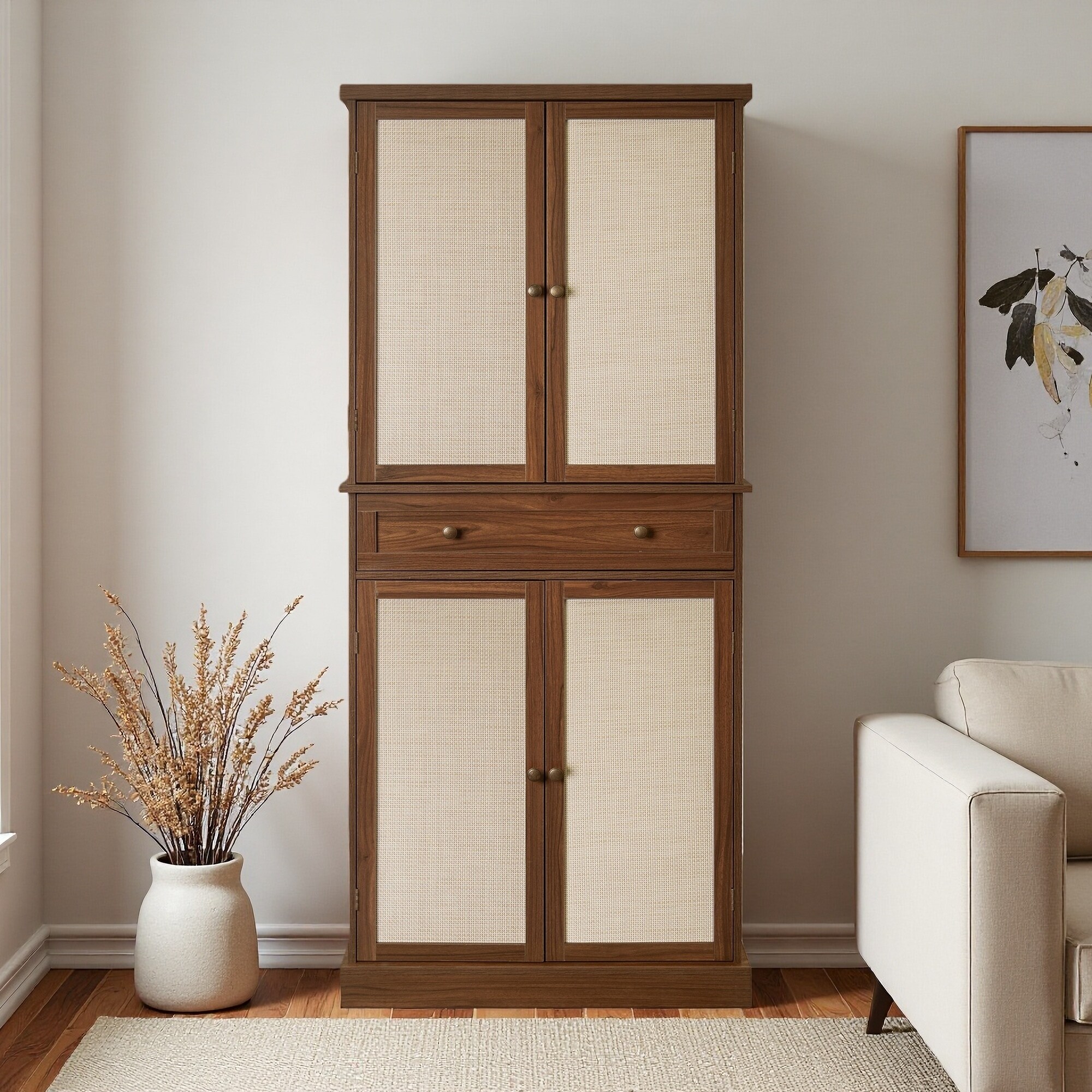 Rattan 4-Door Storage Cabinet with Drawer & Adjustable Shelves