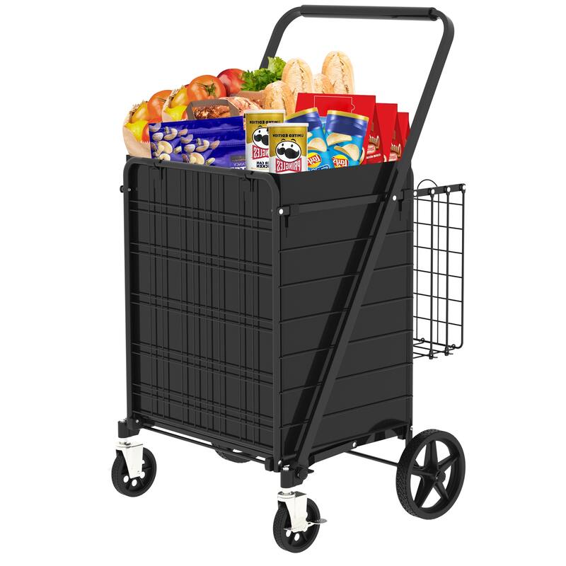 Foldable Grocery Shopping Cart w/ Brake & Double Basket and 360 Rolling Swivel Wheels