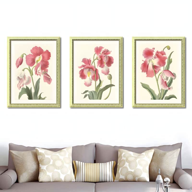 Set of 3 Pink Flower Framed Wall Art - Botanical Floral Prints with Wood Picture Frames, Antique Frame Style Wall Decor - Gold