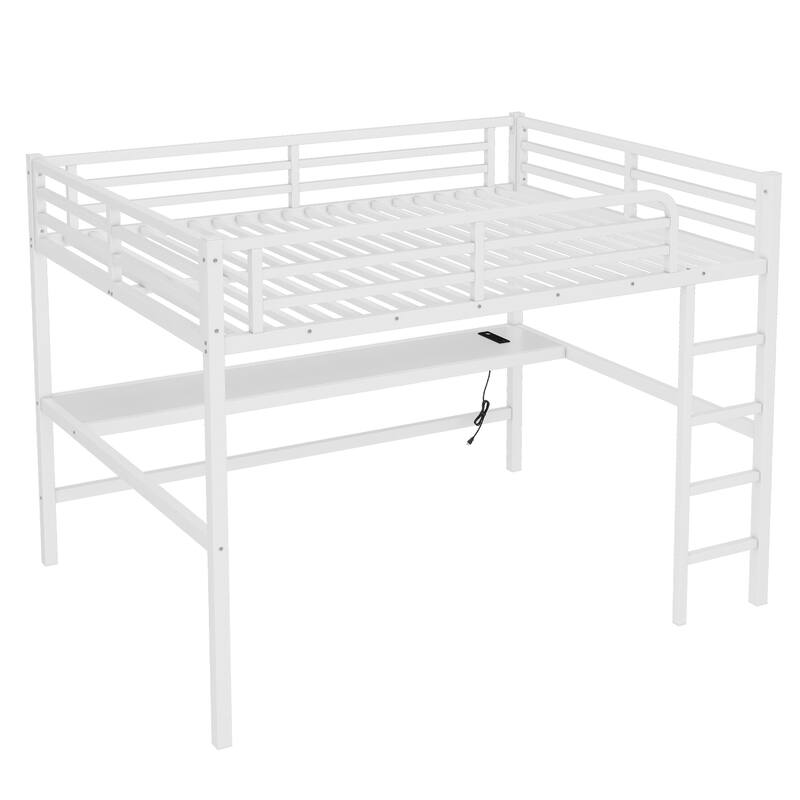 Queen Size Metal Loft Bed with Power Outlet, LED Lighting and Built-in Desk
