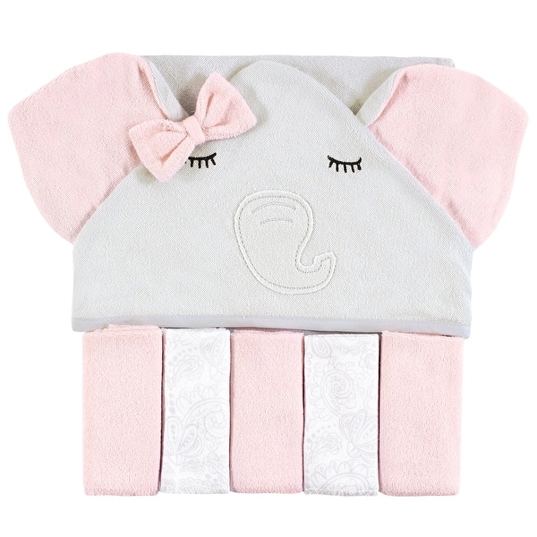 slide 1 of 1, Hudson Baby Infant Girl Hooded Towel and Five Washcloths, Gray Pink Elephant, One Size - Gray Pink Elephant - One Size One Size - Gray Pink Elephant