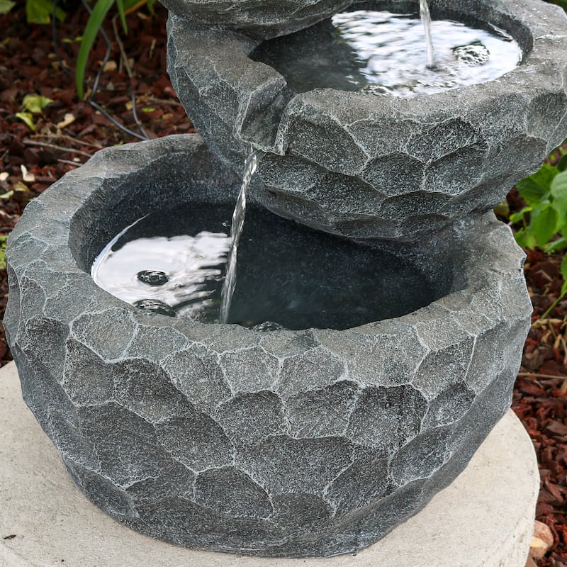 3-Tier Chiseled Basin Solar Outdoor Water Fountain with Battery - 17"