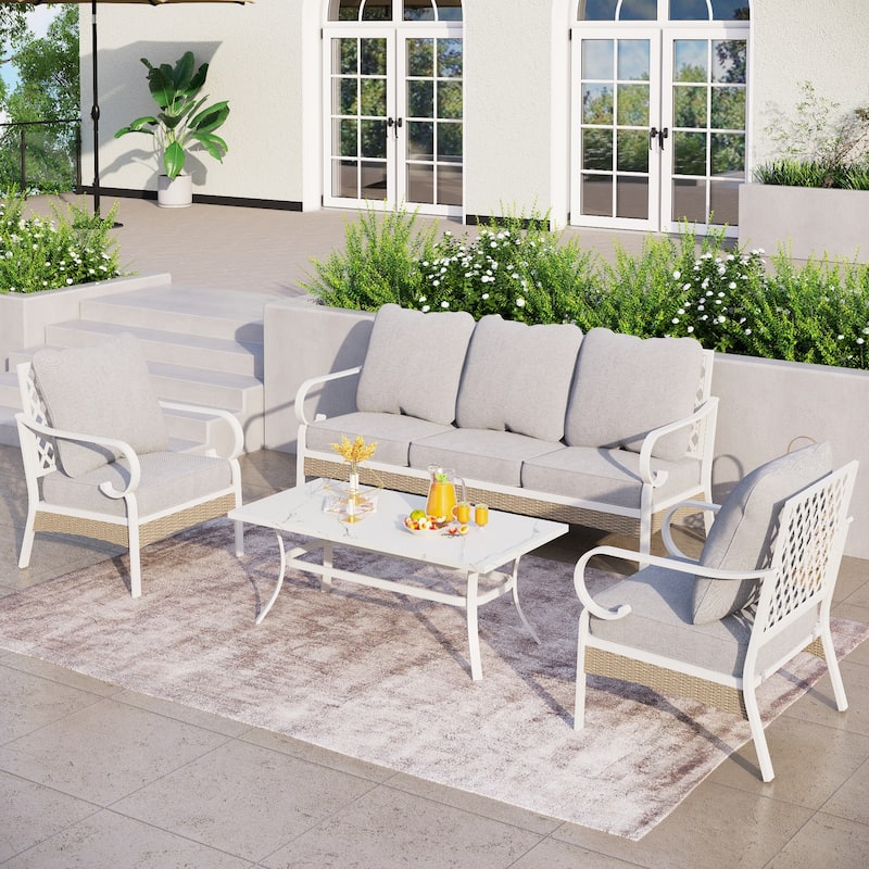 MAISON ARTS 5-Seat Patio Furniture Set, 2 x Cushioned Metal Chair, 1 x 3-Seat Sofa with Marbling Coffee Table