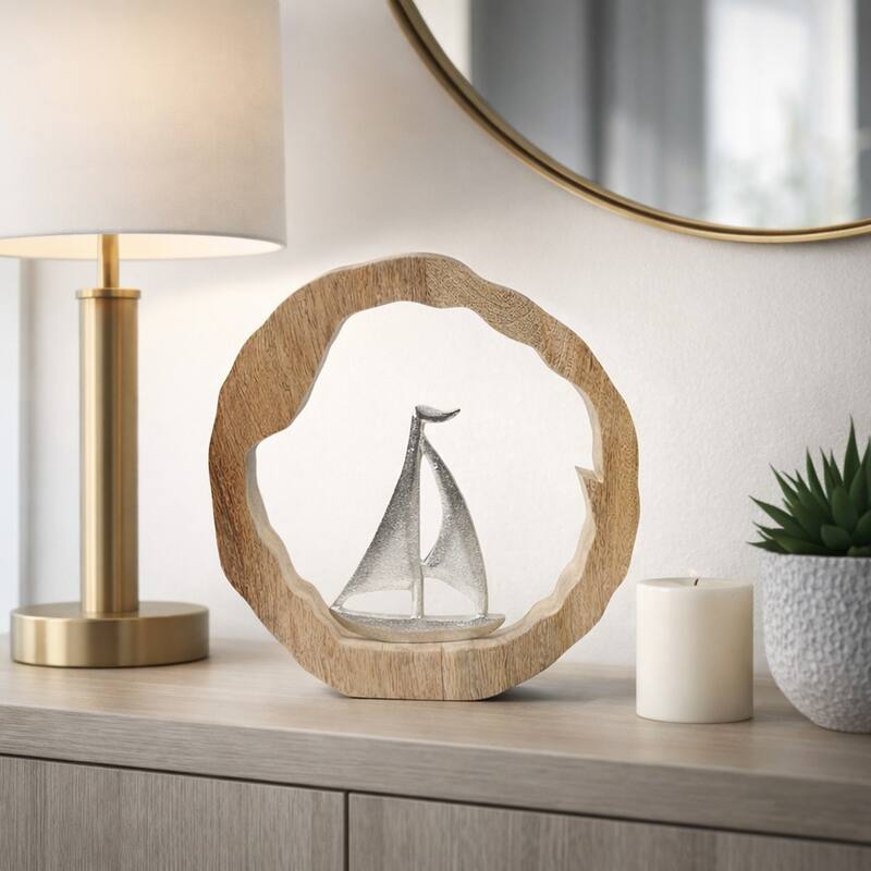 Decorative Figurine on Round Wooden Stand Sculpture