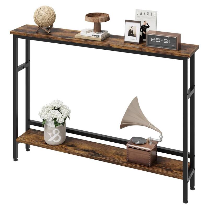 2 Tier Narrow Sofa Table with Adjustable Shelf - Brown