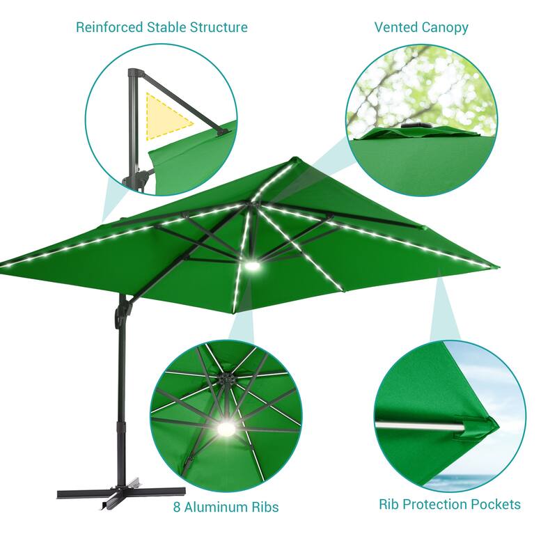 BONOSUKI 11FT LED Cantilever Patio Umbrella Angle Adjustment w/Cross Base