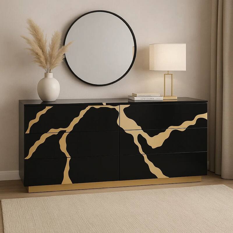 Goldie 6 Drawer Wide Dresser, Black and Gold Wood, Bedroom Storage