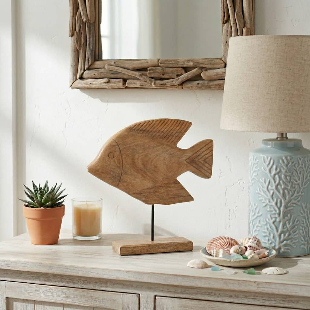 Handcrafted Wooden Fish Figurine on Base - 16", Brown & Tan - 15.5"