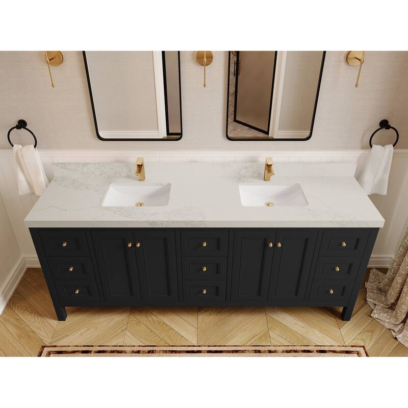 Willow Collections 84 in. W x 22 in. D Nashville Double Bowl Sink Bathroom Vanity with Countertop - 2”Calacatta Nuvo - Black