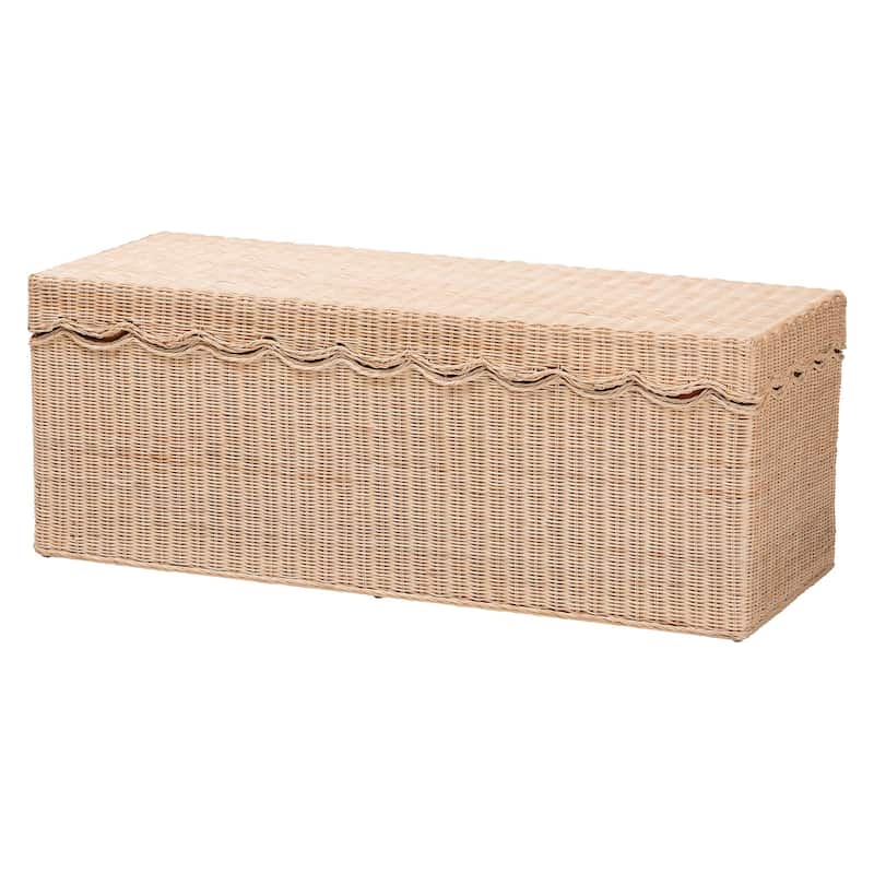 Damita Scallop Natural Rattan Chest with Lift-top - Coastal Boho Style Storage Bench for Bedroom, Entryway, or Living Room - Natural
