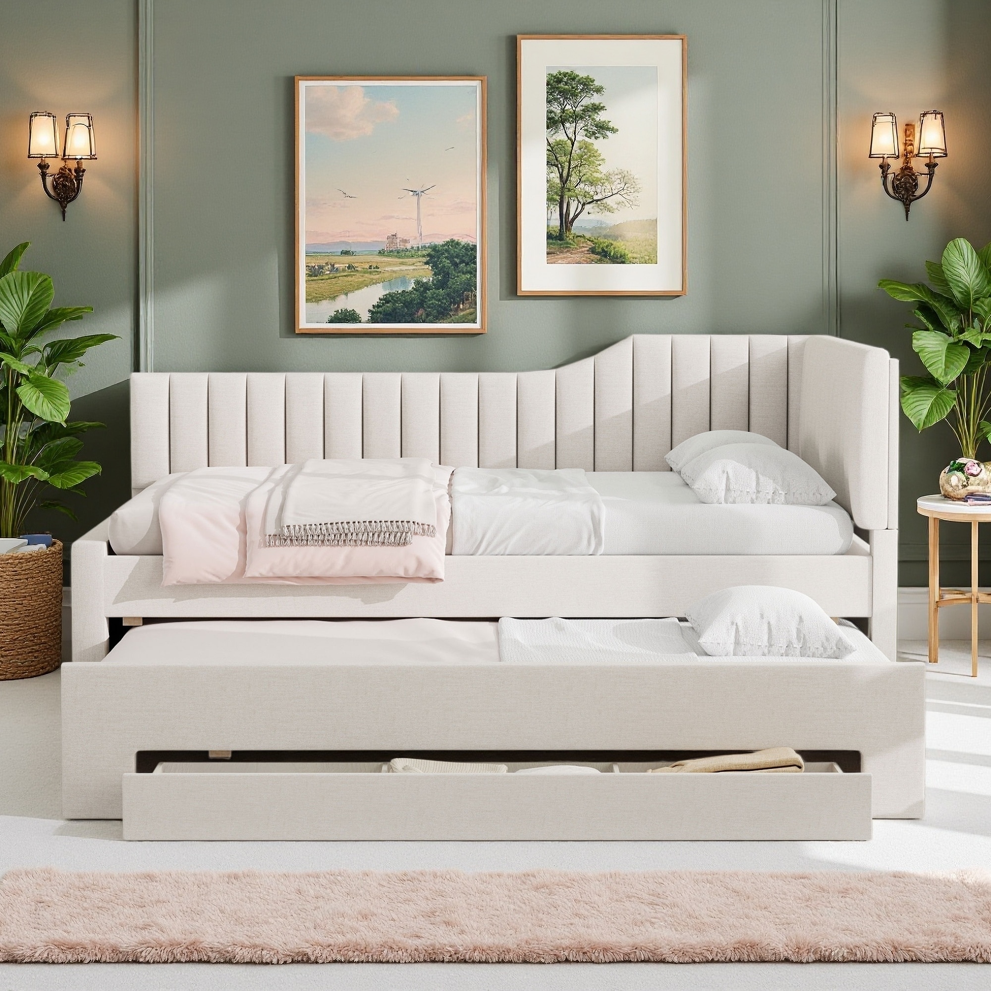 Full Size Upholstered Daybed with Trundle and 3 Drawers