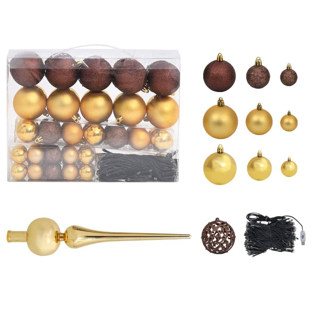 vidaXL 120 Piece Christmas Ball Set with Peak and 300 LEDs Gold&Bronze - gold and bronze - 1181.1"