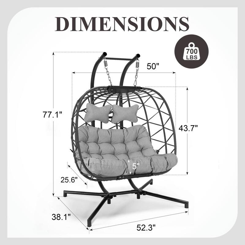 Oversized Outdoor Double Egg Hanging Chair with Cushions, 700 lbs Capacity Swing Chair for Indoor or Patio