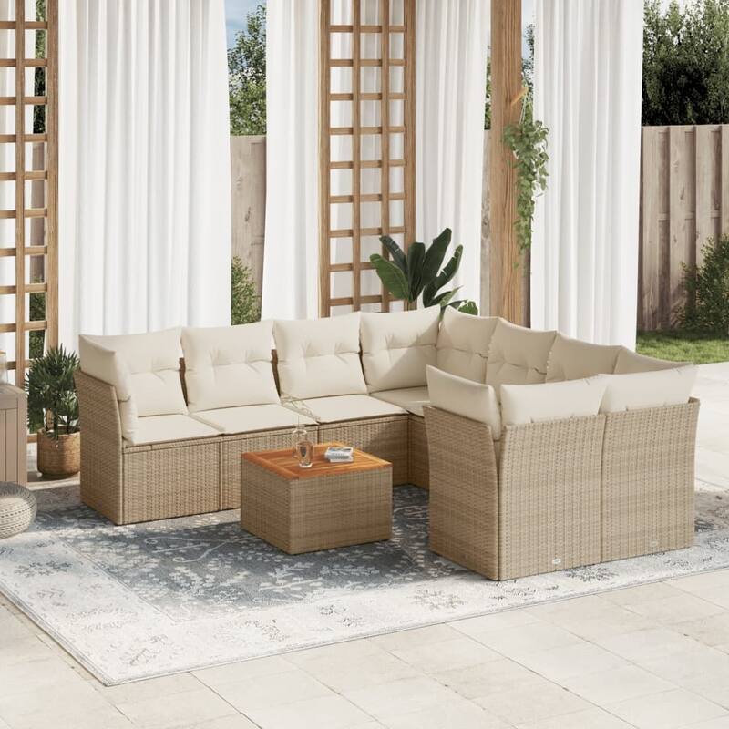 vidaXL Patio Sofa Set with Cushions Outdoor Furniture 9 Piece Poly Rattan - 21.7 x 21.7 x 14.6 - Beige-4x corner+Table+4x middle