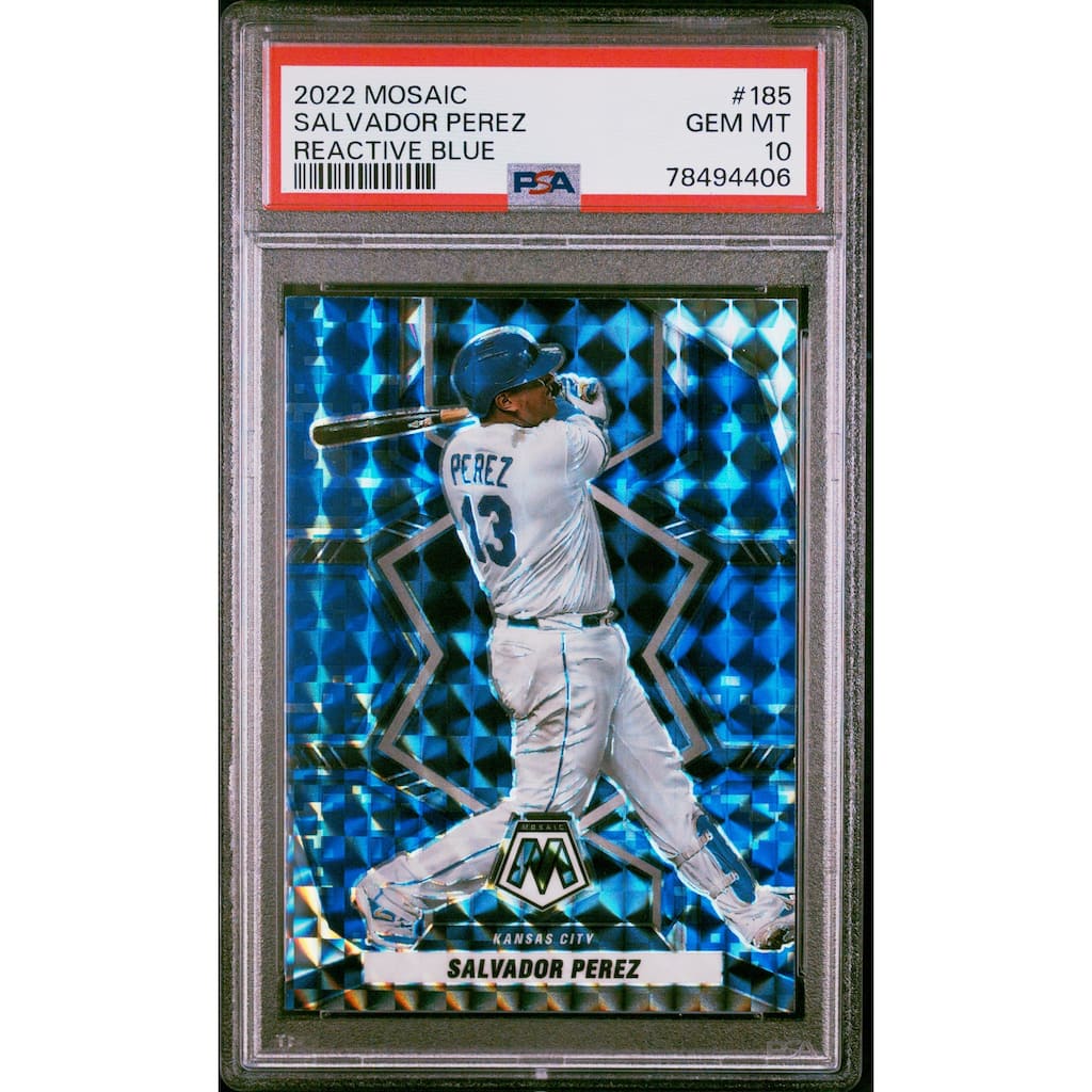 Salvador Perez 2022 Panini Mosaic Reactive Blue Baseball Card #185 Graded PSA 10 - 8'6" x 11'6"