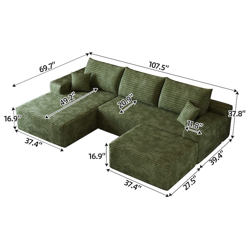 Sofa 107-in Casual Green 3 -seater Left Reclining Sectional with 1 Ottoman - 8' x 10'