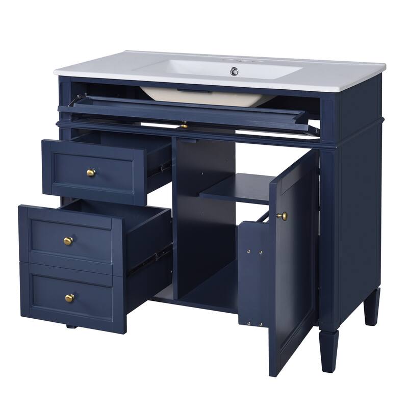 GDFStudio - Carradine Modern Freestanding Bathroom Vanity with Ceramic Sink and 2 Drawers & a Tip-out Drawer - 36'W