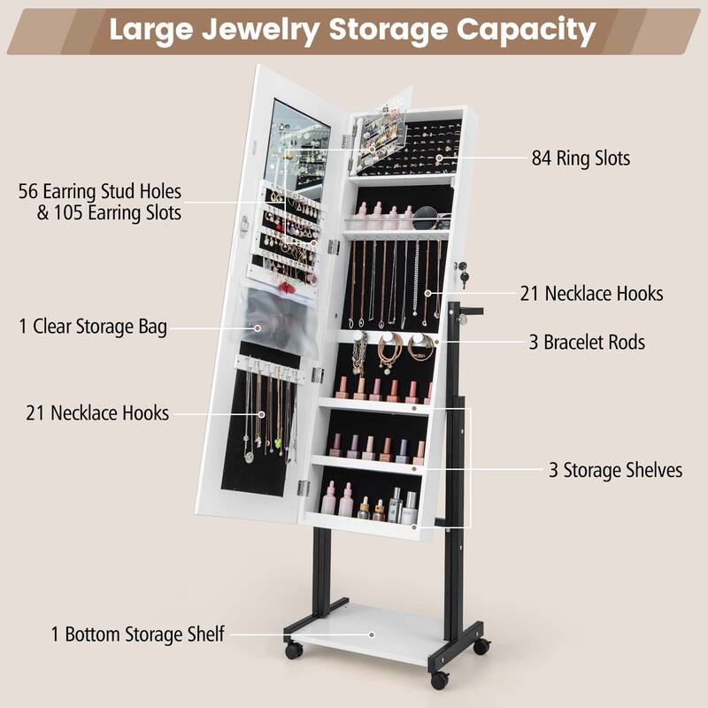 Costway 3 Color 46 LED Lights Mirror Jewelry Cabinet Armoire - See Details