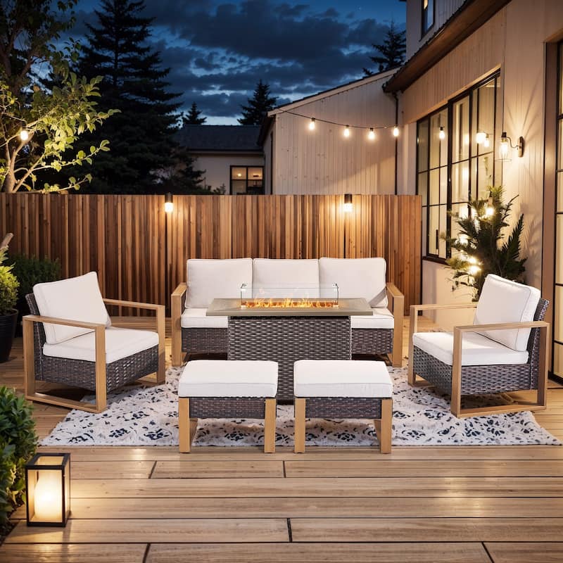 Pocassy Fire Pit Table with Outdoor Sofa Chair Ottoman Set - Brown Wicker Beige Cushion - 6-Piece Sofa Patio Chair Ottoman with Fire Table
