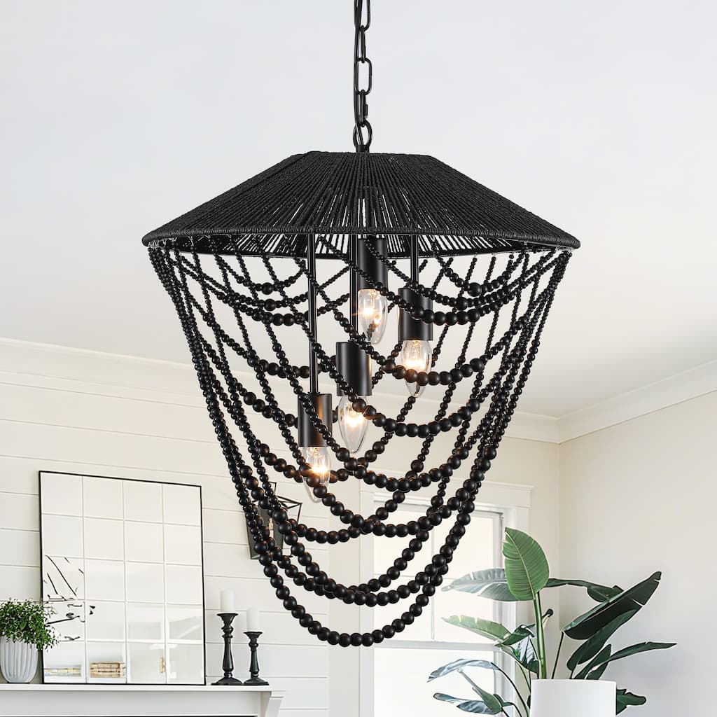 4-light Black Beaded Chandelier - 19.69"x19.69"x23.62"