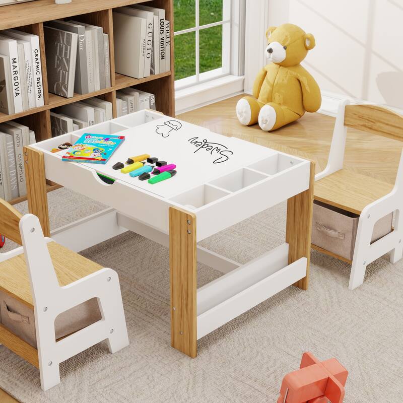 Anmytek White Kids 2 in 1 Activity Play Table and 2 Chairs Set with 7 Storage Compartments for Building Blocks