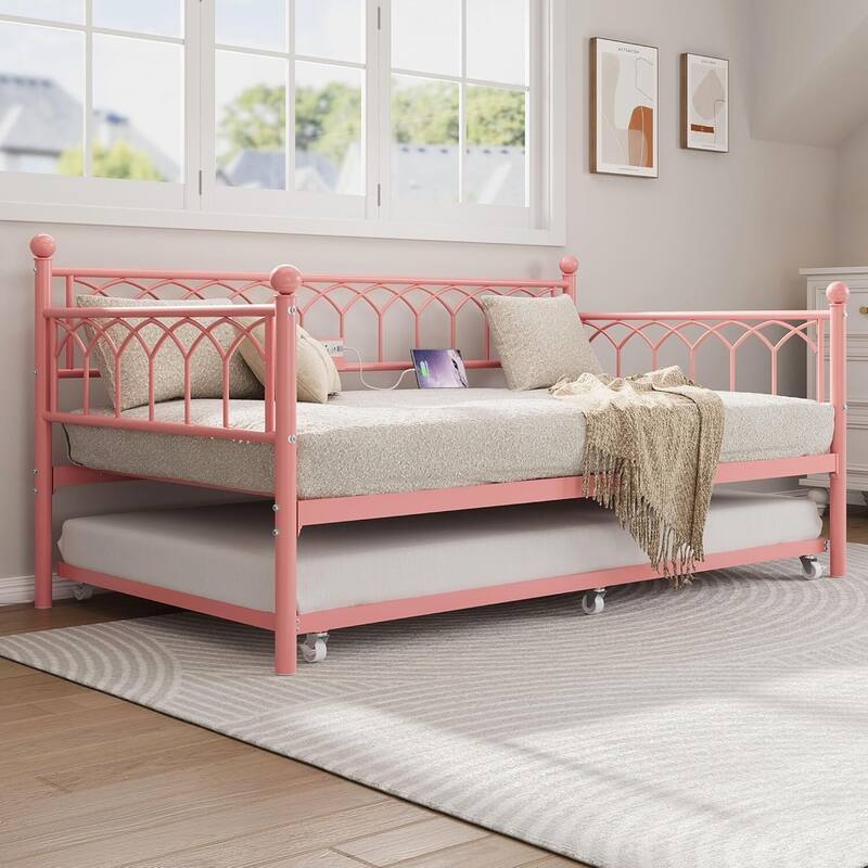 Heavy Duty Daybed, Twin Size Platform Sofa Bed Frame Set with Charging Station